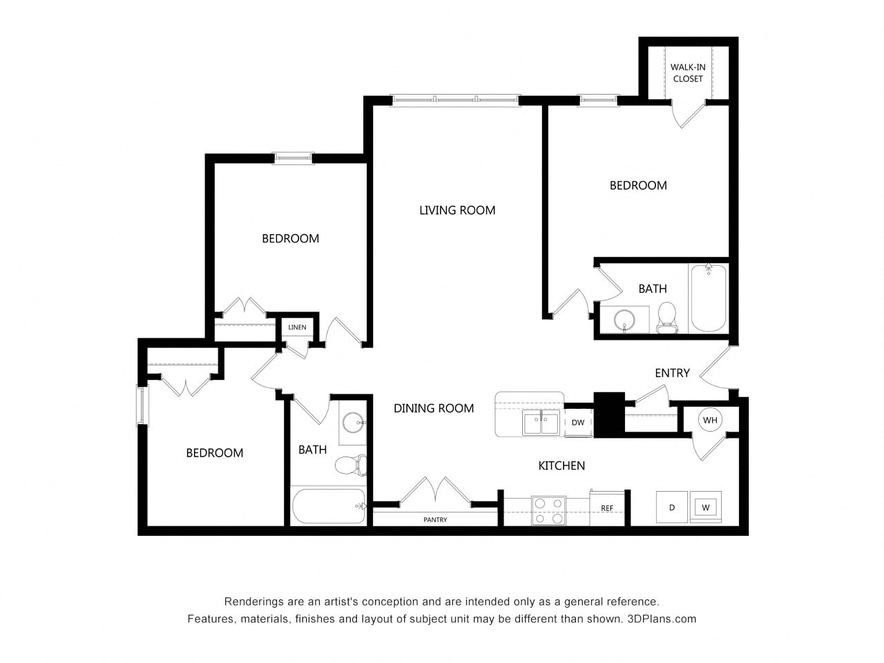 Floor plan for 3 beds, 2 baths, 1209 sqft